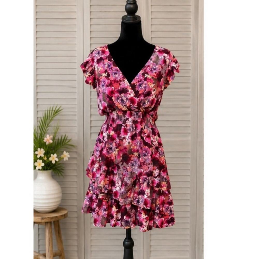Entro Dark Floral Surplice Ruffle Sleeve Smocked Waist Mini Dress S NWOT Lined